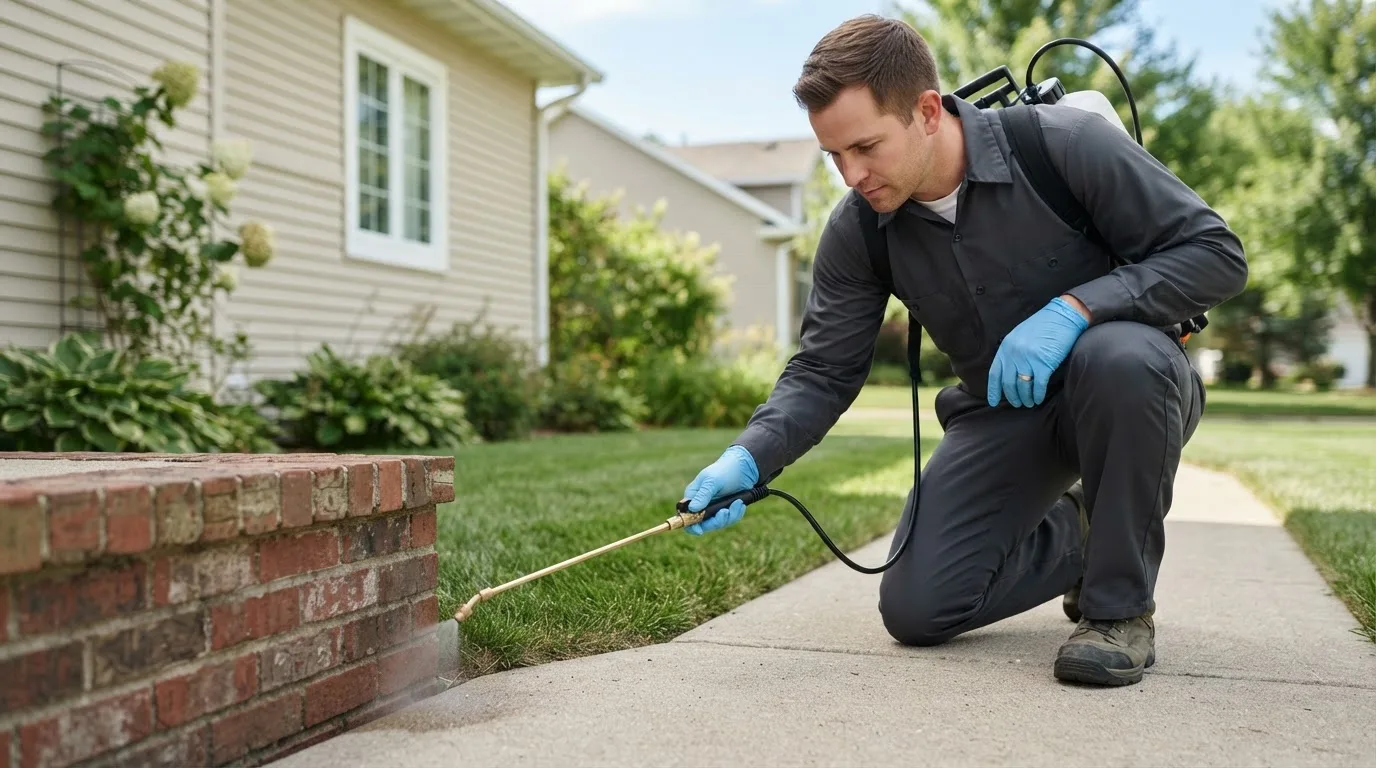 Pest control technician treating a home near Cumberland, IA