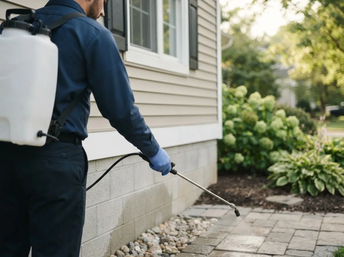 Pest control technician inspecting a home in Cumberland, IA